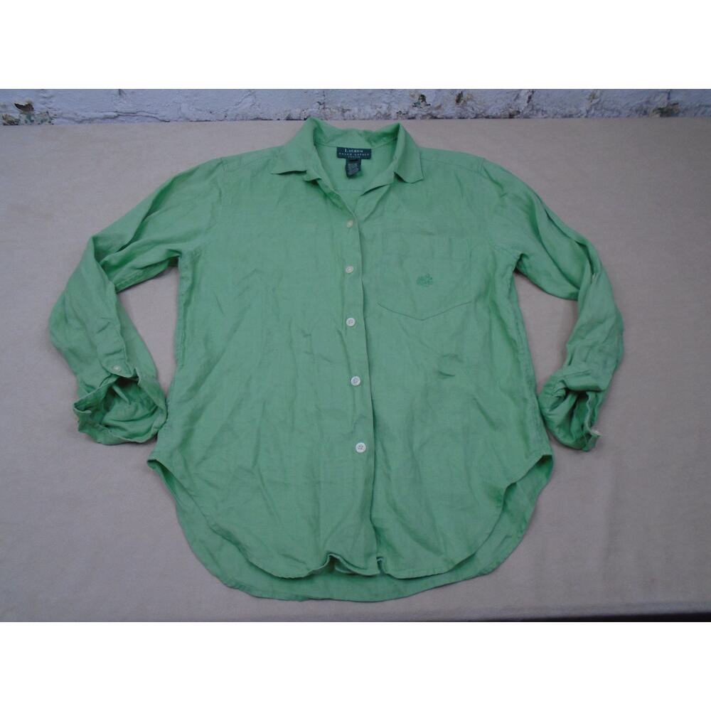 Lauren Ralph Lauren Womens Green Long Sleeve 100% Linen Buttonup Shirt Size PP